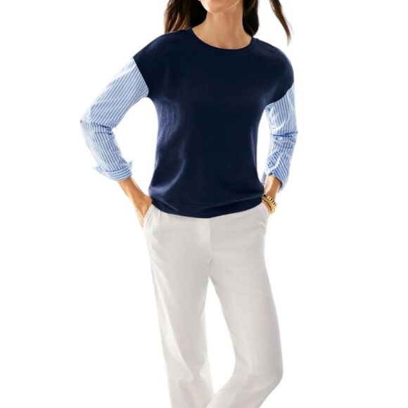 Talbots Top Woven Sleeve Crew Neck Navy Blue Striped Long Sleeve Preppy Twee L - Picture 4 of 14